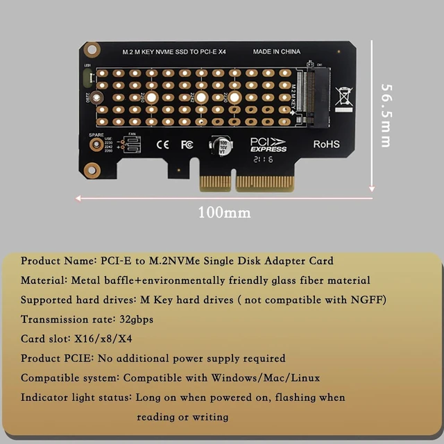 Alt view image 5 of 7 - PH41 PCIe3.0 X4 to M.2 NVME MKey Adapter Card 32gbps Compatible with M.2 NVMe 2230-2280 SSD X4 X8 X16 Slot (Half Height)