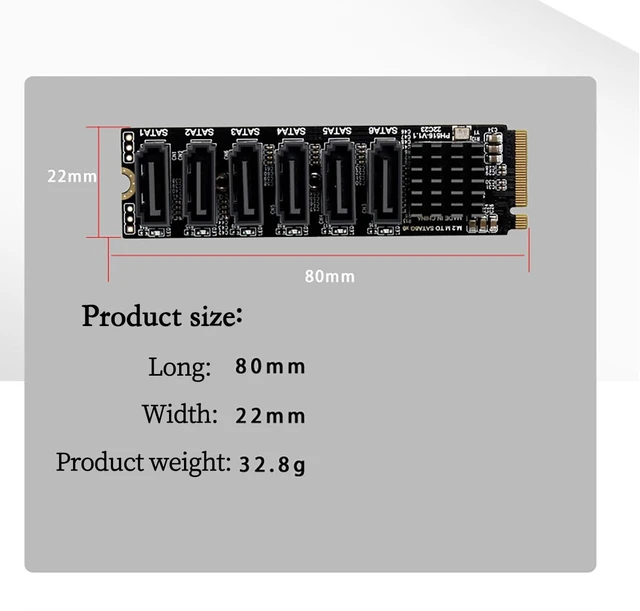 Alt view image 6 of 7 - PCIE3.0 M.2 M Key to 6Ports SATA III Expansion Card 6Gbps with LED Indicator Compatible with ASM1166
