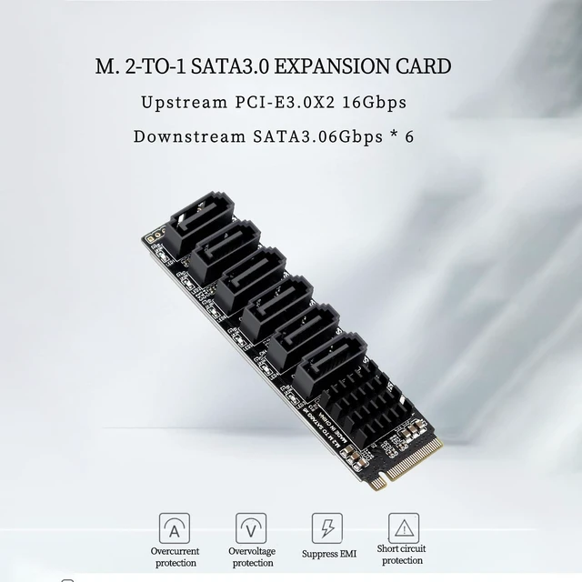 Alt view image 4 of 7 - PCIE3.0 M.2 M Key to 6Ports SATA III Expansion Card 6Gbps with LED Indicator Compatible with ASM1166