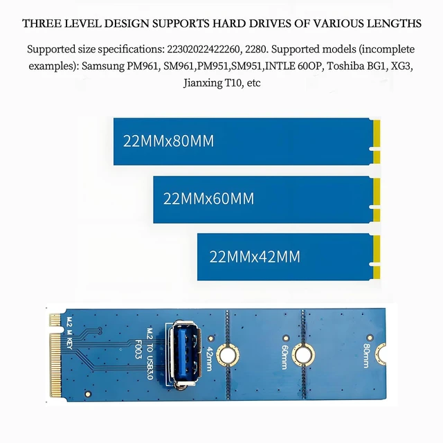 Alt view image 3 of 7 - M.2 NGFF M-Key to USB3.0 Expansion Card 6Gb/s for Desktops 2230 2242 2260 2280 SSD