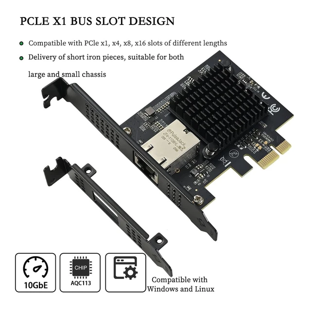 Alt view image 3 of 7 - PCIe 4.0 x1 to 10Gbps Single-Port Ethernet Network Adapter AQC113 Chipset, RJ45 10GBase-T, High-Speed NIC for Server/Desktop/NAS