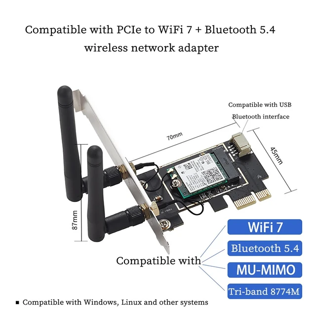 Alt view image 2 of 7 - PCIe Network Card with BE200 Chip Compatible with Wi-Fi7 Bluetooth 5.4 6 GHz 5800 Mbps Tri-Band Wire Less Adapter for Desktop PC, PCIe x1/x4/x8/x16 Support, MU-MIMO & Gigabit Network