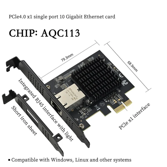 Alt view image 4 of 7 - PCIe 4.0 x1 to 10Gbps Single-Port Ethernet Network Adapter AQC113 Chipset, RJ45 10GBase-T, High-Speed NIC for Server/Desktop/NAS