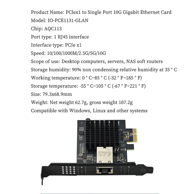 Alt view image 5 of 7 - PCIe 4.0 x1 to 10Gbps Single-Port Ethernet Network Adapter AQC113 Chipset, RJ45 10GBase-T, High-Speed NIC for Server/Desktop/NAS