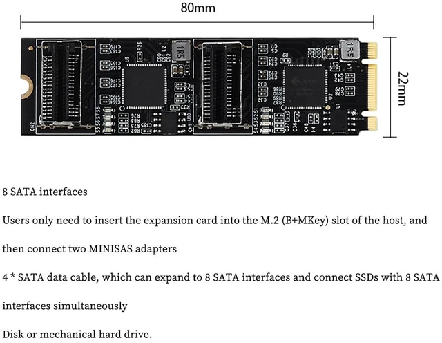 Alt view image 3 of 6 - PCIe 3.0 M.2 B+M Key to 8-Port SATA3 6Gbps Expansion Card Dual Mini-SAS Connectors, RAID Support for Desktop/Server