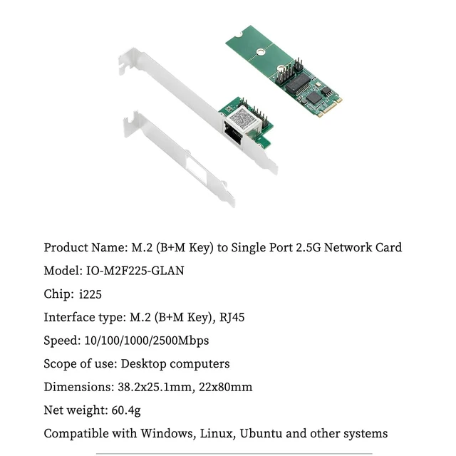 Alt view image 2 of 7 - IO-M2F225-GLAN 2.5G Single-Port Ethernet Net Work Card I225 Chipset, M.2 B+M Key to RJ45 Adapter, for Desktop Gaming & Workstation Use