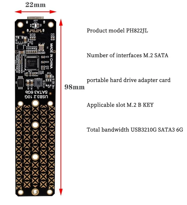 Alt view image 5 of 7 - PH822JL M.2 NGFF SATA3 SSD to USB 3.2 Gen 2 Adapter Board | B-Key/B&M Key Compatible | 10Gbps USB-C External SSD Converter | JMS580 Chipset