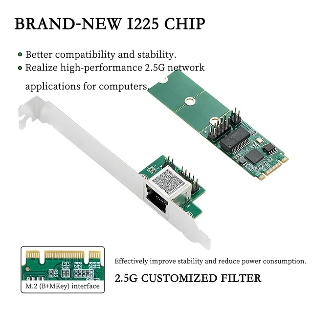Alt view image 6 of 7 - IO-M2F225-GLAN 2.5G Single-Port Ethernet Net Work Card I225 Chipset, M.2 B+M Key to RJ45 Adapter, for Desktop Gaming & Workstation Use