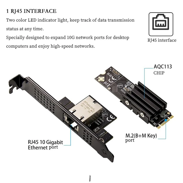 Alt view image 2 of 7 - IO-M2F113-GLAN M.2 B+M Key to 10G RJ45 Net Work Card Adapter Support Desktop, Servers, NAS Soft Routing