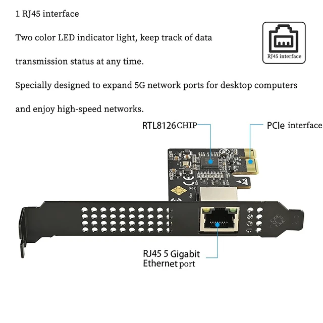 Alt view image 2 of 6 - IO-PCE8126-GLAN PCIe X1 to 1Port 5G RJ45 Net Work Card PXE Diskless Boot Net Work Adapter Support Desktop, Server, NAS Soft Routing
