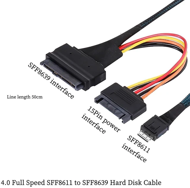 Alt view image 4 of 6 - CAB861139 Mini SAS Oculink 4i to U.2 SFF-8639 Cable PCIe 4.0 38Pin SFF-8611 to 8639 NVMe SSD Adapter 50cm for U.2 U.3 SDD - with 15-Pin SATA Power