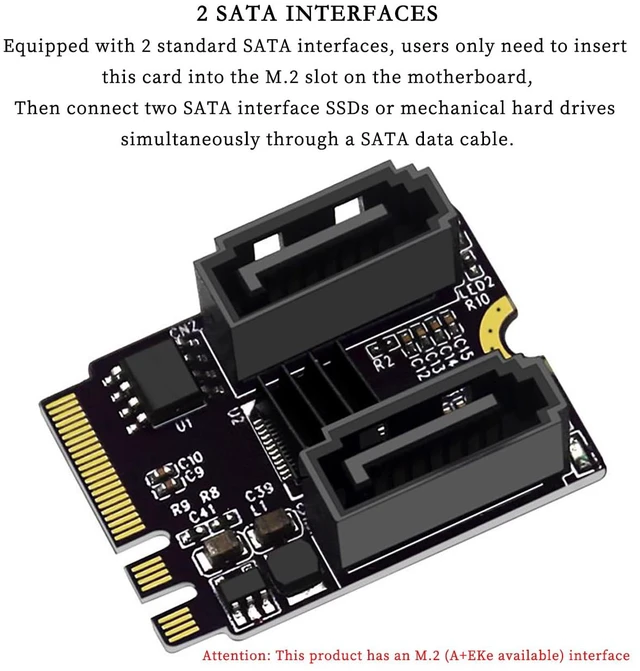 Alt view image 3 of 7 - PCIE 3.0 M.2 NGFF A+E Key to 2*SATA Adapter Card 6Gbps with JMB582 Chip for 2230 SSD PC Servers