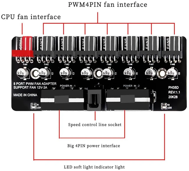 Alt view image 5 of 7 - PH35D PWM Fan Hub 8CH Chassis Fan Speed Controller Desktop CPU Fan Extender Support 3-pin 4-pin PWM Fan Support 12V (SATA Interface)