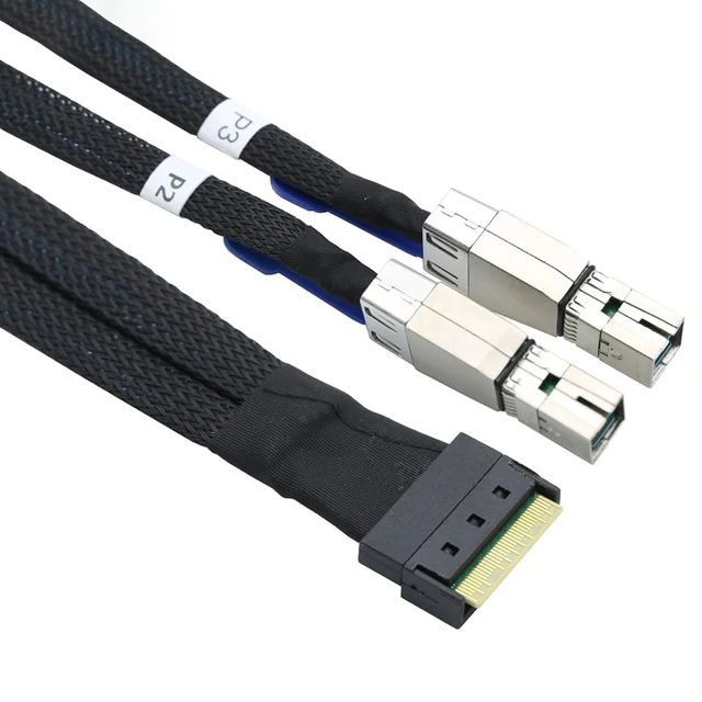 Alt view image 4 of 5 - PCIe Slimline SAS SFF 8654 8i to Dual SAS HD SFF 8644 Server Cable with Full-Cover Anti-Misplug Design 32AWG Data Harness, 10 Ohm Impedance (1M)