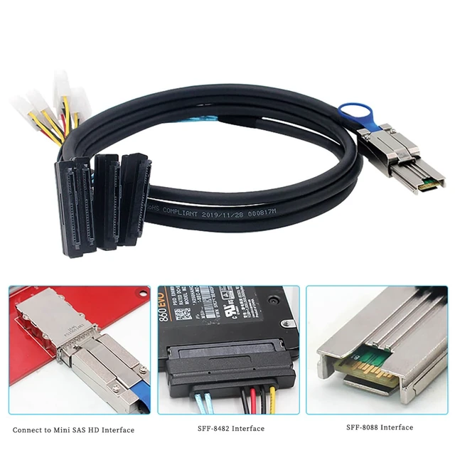 Alt view image 2 of 6 - Mini SAS HD SFF-8088 26P to 4X SAS 8482 with Power Cable,6Gbps High-Speed Server Data Cable Compatible with RAID Controller, Storage Expansion, Workstation (0.5M/19.68in)