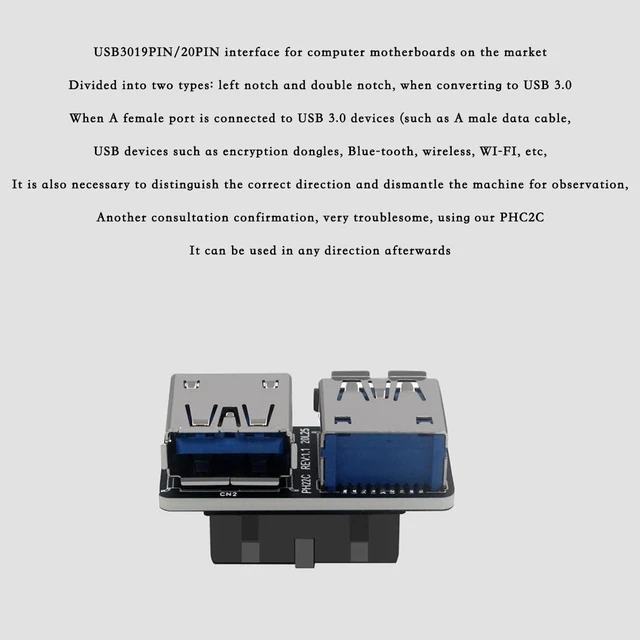 Alt view image 2 of 4 - Motherboard USB 3.0 19/20Pin to 2* USB A Connector Male to Female Adapter Header Support Chassis Front (PH22C)