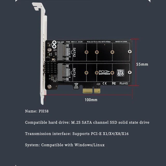 Alt view image 2 of 7 - PH58 PCIE x1 to 2Port NGFF M2 B Key SATA Expansion Card 6G RAID Adapter Support SATA SSD 2230 2242 2260 2280