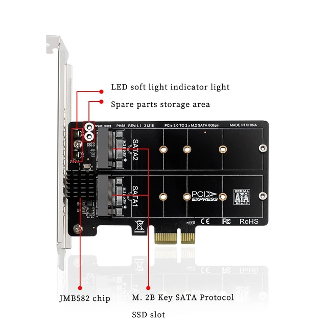 Alt view image 7 of 7 - PH58 PCIE x1 to 2Port NGFF M2 B Key SATA Expansion Card 6G RAID Adapter Support SATA SSD 2230 2242 2260 2280
