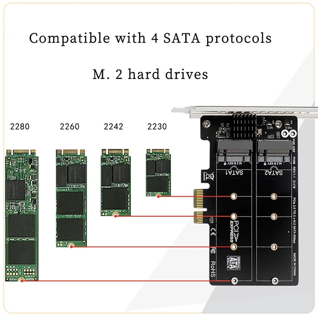 Alt view image 6 of 7 - PH58 PCIE x1 to 2Port NGFF M2 B Key SATA Expansion Card 6G RAID Adapter Support SATA SSD 2230 2242 2260 2280