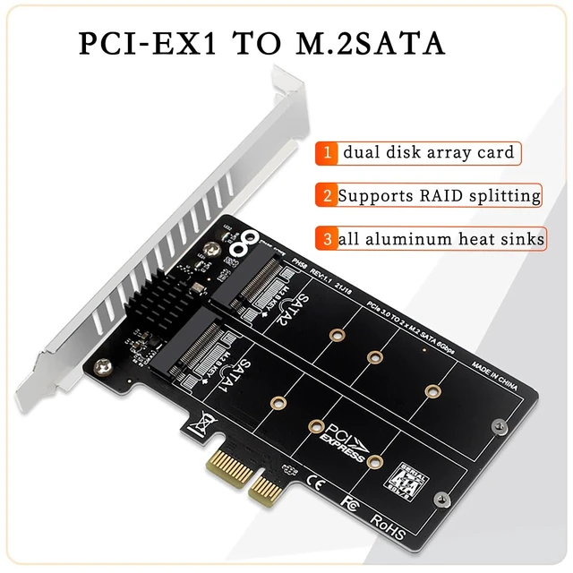 Alt view image 5 of 7 - PH58 PCIE x1 to 2Port NGFF M2 B Key SATA Expansion Card 6G RAID Adapter Support SATA SSD 2230 2242 2260 2280