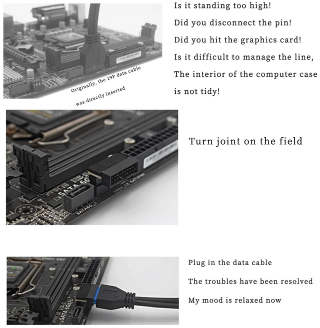 Alt view image 3 of 5 - PH19 Motherboard USB 3.0 19P 20P to 90-Degree Connector Adapter Vertical Header to Right Angle Adapter for Desktop Chassis CPU Wiring Beautification (PH19A - Black)