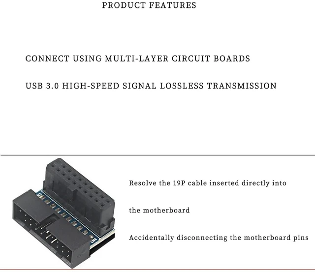 Alt view image 2 of 5 - PH19 Motherboard USB 3.0 19P 20P to 90-Degree Connector Adapter Vertical Header to Right Angle Adapter for Desktop Chassis CPU Wiring Beautification (PH19A - Black)