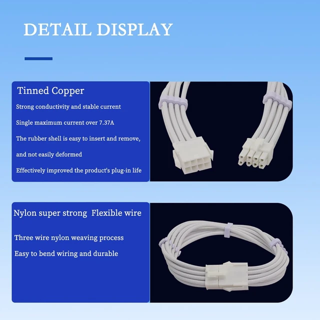 Alt view image 6 of 7 - GPU 8Pin (6+2) Extension Cable 30cm Male to Female, 18AWG Tinned Copper, Color Nylon Braided, ATX PSU Power Cord for Graphics Cards (White)