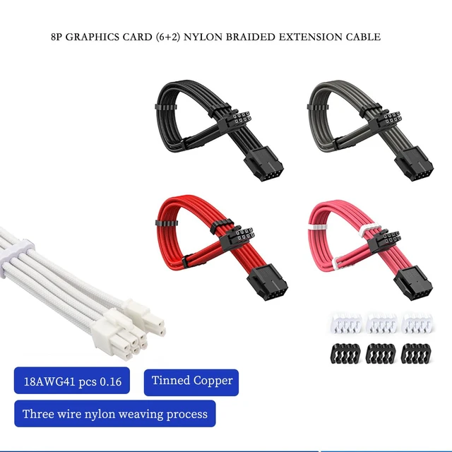 Alt view image 2 of 7 - GPU 8Pin (6+2) Extension Cable 30cm Male to Female, 18AWG Tinned Copper, Color Nylon Braided, ATX PSU Power Cord for Graphics Cards (Red)