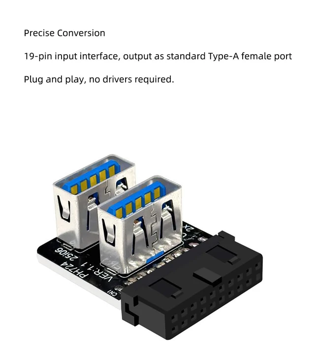 Alt view image 7 of 7 - USB 3.0 19 Pin Header to Dual Type A Adapter 90 Degree Front Panel USB A Expansion Converter Compatible with Motherboard Internal USB 3 Header (PH724B)