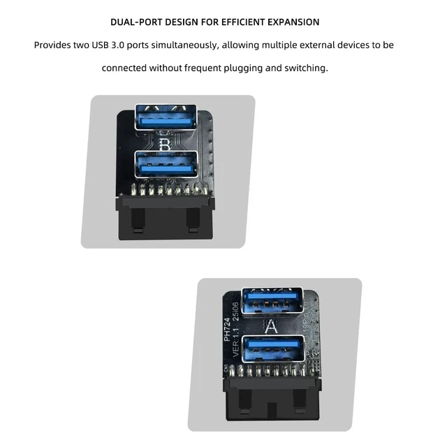 Alt view image 6 of 7 - USB 3.0 19 Pin Header to Dual Type A Adapter 90 Degree Front Panel USB A Expansion Converter Compatible with Motherboard Internal USB 3 Header (PH724B)
