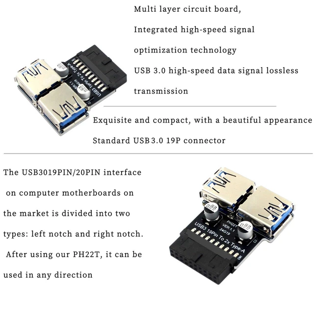 Alt view image 4 of 7 - PH22T 19P/20P to USB-A Connector USB3.0/3.1 Adapter for PC Front Panel