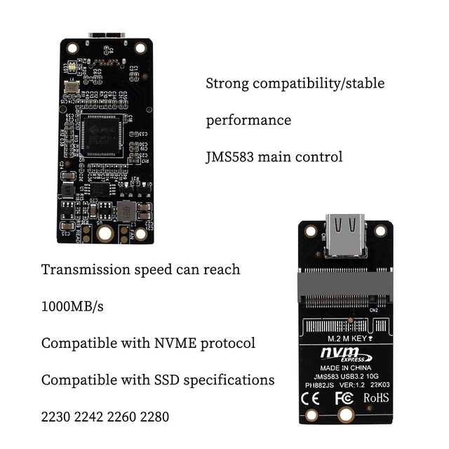 Alt view image 2 of 6 - M. 2 NVMe/NGFF to USB C USB3.1 Solid State Hard Disk Adapter 10Gbps Compatible with M. 2 2230, 2242, 2260, 2280 SSD (PH882JL-PCBA, with NVMe Protocol)