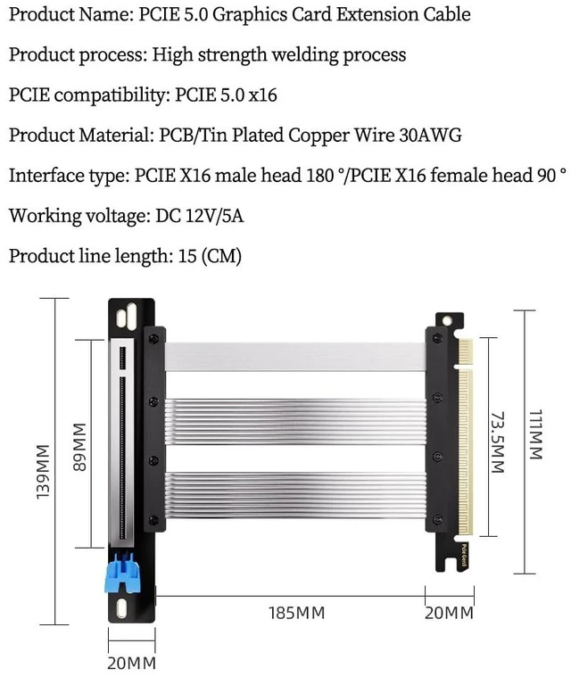 Alt view image 4 of 5 - PCIE5.0 X16 Extension Cable Full Speed 90° 180° Graphics Card Male to Famle Adapter Support 5090 Graphics Card ATX/ITX Chassi (Silver 90 Degrees, 15CM)