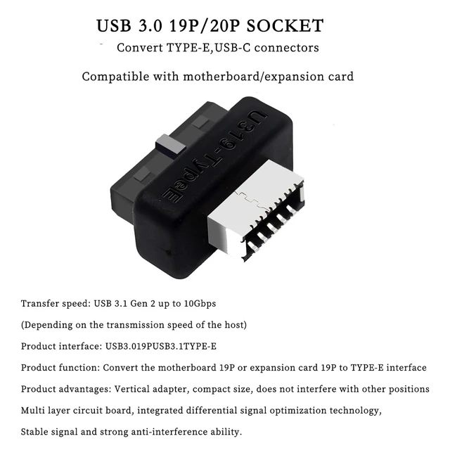 Alt view image 5 of 7 - PH73S+ USB Front Panel Adapter 10Gbps Type-E USB 3.0 Front 19PIN to 3.1 USB C Header Support for Motherboard with USB 3.0 USB3.1 19PIN Interface