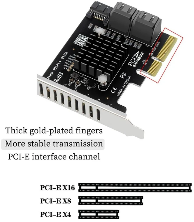 Alt view image 2 of 7 - PH55 PCIe X4 to 5-Port SATA3.0 Expansion Card 6Gbps for Each SATA Port with Heatsink Support Soft RAID (with Half Height Baffle)