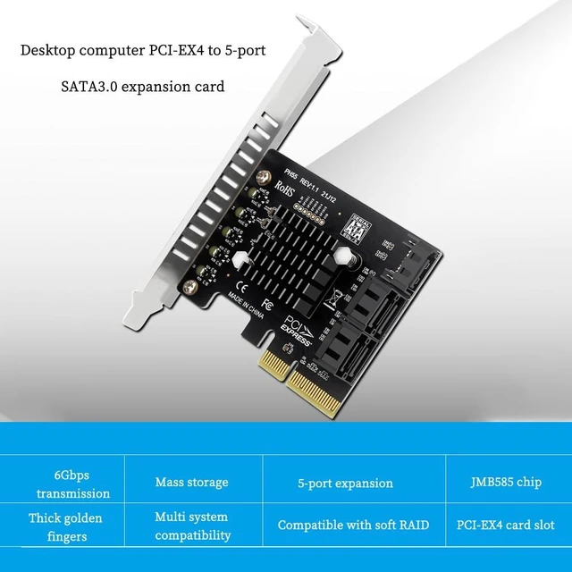 Alt view image 3 of 7 - PH55 PCIe X4 to 5-Port SATA3.0 Expansion Card 6Gbps for Each SATA Port with Heatsink Support Soft RAID (with Half Height Baffle)