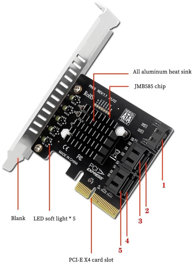 Alt view image 5 of 7 - PH55 PCIe X4 to 5-Port SATA3.0 Expansion Card 6Gbps for Each SATA Port with Heatsink Support Soft RAID (with Half Height Baffle)