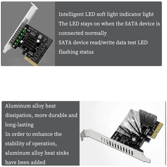 Alt view image 7 of 7 - PH55 PCIe X4 to 5-Port SATA3.0 Expansion Card 6Gbps for Each SATA Port with Heatsink Support Soft RAID (with Half Height Baffle)