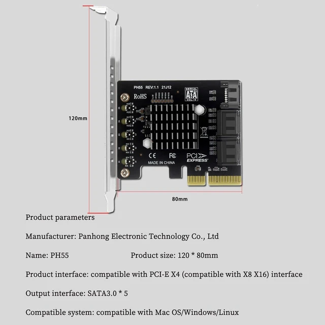 Alt view image 4 of 7 - PH55 PCIe X4 to 5-Port SATA3.0 Expansion Card 6Gbps for Each SATA Port with Heatsink Support Soft RAID (with Full Height Baffle)