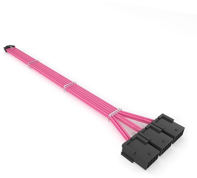 Main image of PCIe 5.0 12+4Pin to 3× PCIe 8Pin GPU Power Cable, Nylon Braided Extension Cord, 18AWG, 340mm/13.38in, Compatible with RTX 3090Ti & RTX 40 Series Graphics Cards (Pink)
