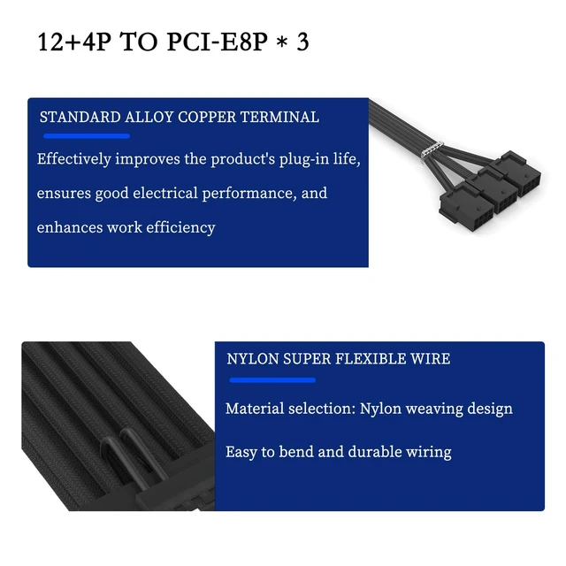 Alt view image 6 of 7 - PCIe 5.0 12+4Pin to 3× PCIe 8Pin GPU Power Cable, Nylon Braided Extension Cord, 18AWG, 340mm/13.38in, Compatible with RTX 3090Ti & RTX 40 Series Graphics Cards (All White)