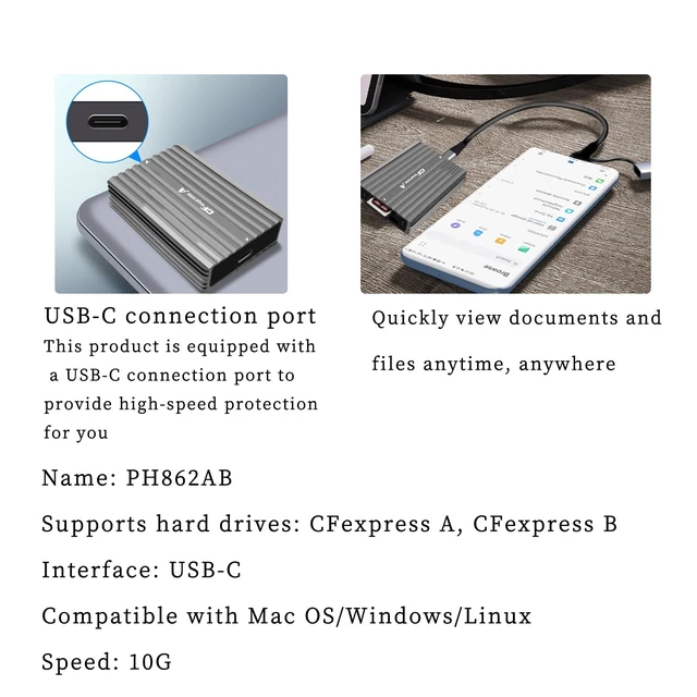 Alt view image 3 of 7 - PH862B CF Express A/B CFE Card Reader 10G USB3.2 High Speed with Aluminum Alloy Heat-Sink C to C/A Cable Compatible with Z6/Z7 1DX3 (PH862B for CFE A/B Card)