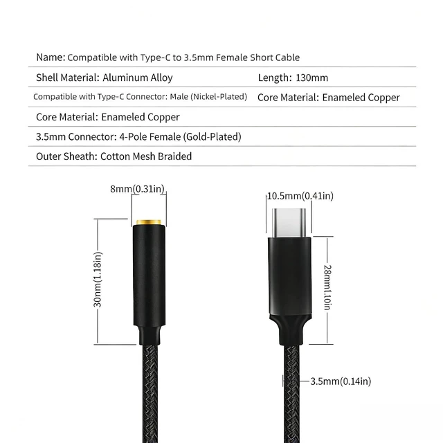 Alt view image 6 of 7 - USB C to 3.5mm Audio Adapter Male to Female Headphone Jack Converter Compatible with Android Phones USB C Devices Aluminum Shell (Black)