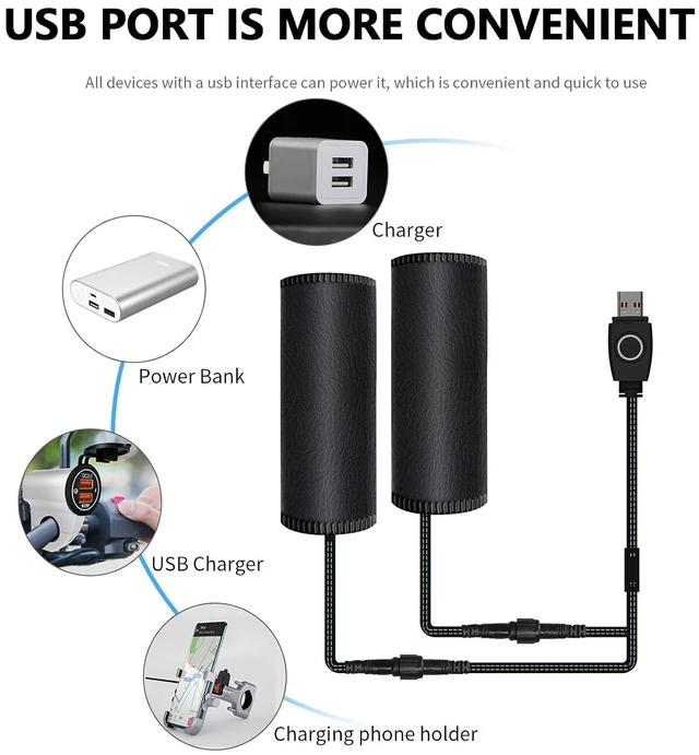 Alt view image 5 of 7 - USB Heated Motorcycle Handlebar Grips 5V with 3-Level Temperature Control Anti-Slip PVC Hand Warmers with Waterproof Switch, Straps, Plug-and-Play for Motorbikes, Scooters, and ATVs