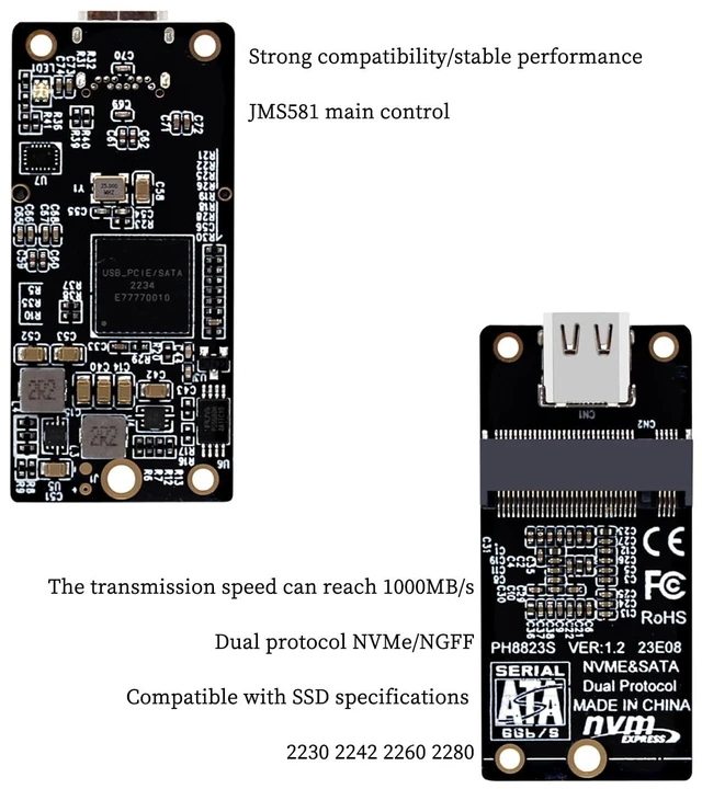 Alt view image 4 of 6 - M. 2 NVMe/NGFF to USB C USB3.1 Solid State Hard Disk Adapter 10Gbps Compatible with M. 2 2230, 2242, 2260, 2280 SSD (PH80-581, Dual Protocol)
