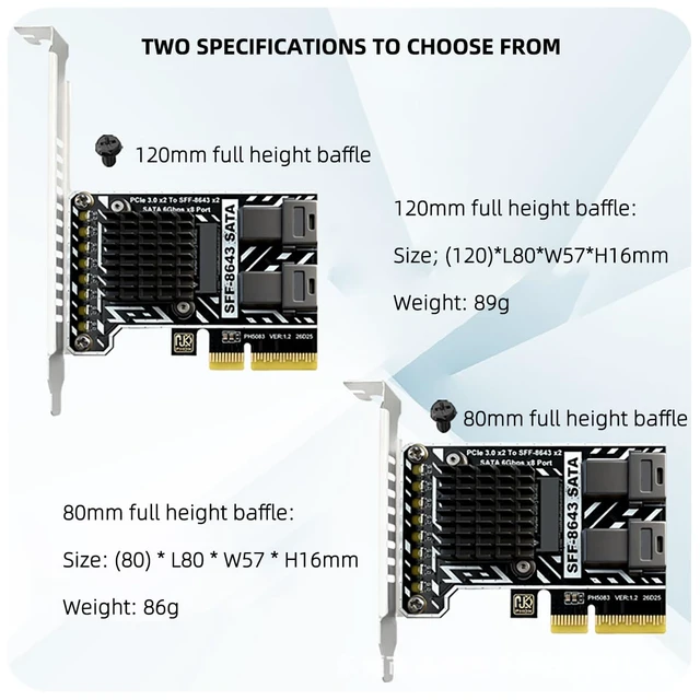 Alt view image 6 of 7 - PCIe SATA Card 2 Port SFF 8643 8 Port SATA 6Gbps Storage Expansion