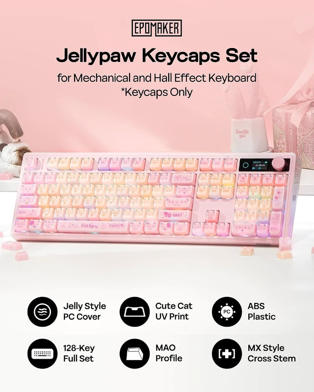 Alt view image 6 of 7 - X Aula EA75 MAX Wireless Gaming Keyboard with Screen & Knob+JellyPaw Keycaps Set, 128-Key Cute Cat Keycaps for Gaming Keyboard