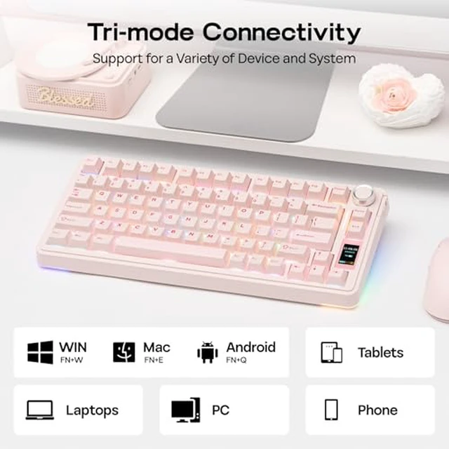 Alt view image 5 of 7 - X Aula EA75 MAX Wireless Gaming Keyboard with Screen & Knob+JellyPaw Keycaps Set, 128-Key Cute Cat Keycaps for Gaming Keyboard