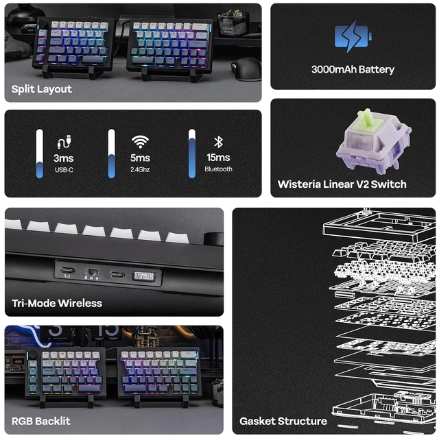 Alt view image 3 of 7 - Split70 Wireless Ergonomic Keyboard with QMK/VIA and Knob, Mechanical Gaming Keyboard with RGB, Hot-Swap, Creamy Linear Switch, PBT Keycap, Gasket, Mac Modifier, 70% Split Layout (Black)