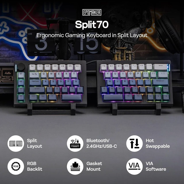 Alt view image 2 of 7 - Split70 Wireless Ergonomic Keyboard with QMK/VIA and Knob, Mechanical Gaming Keyboard with RGB, Hot-Swap, Creamy Linear Switch, PBT Keycap, Gasket, Mac Modifier, 70% Split Layout (Black)